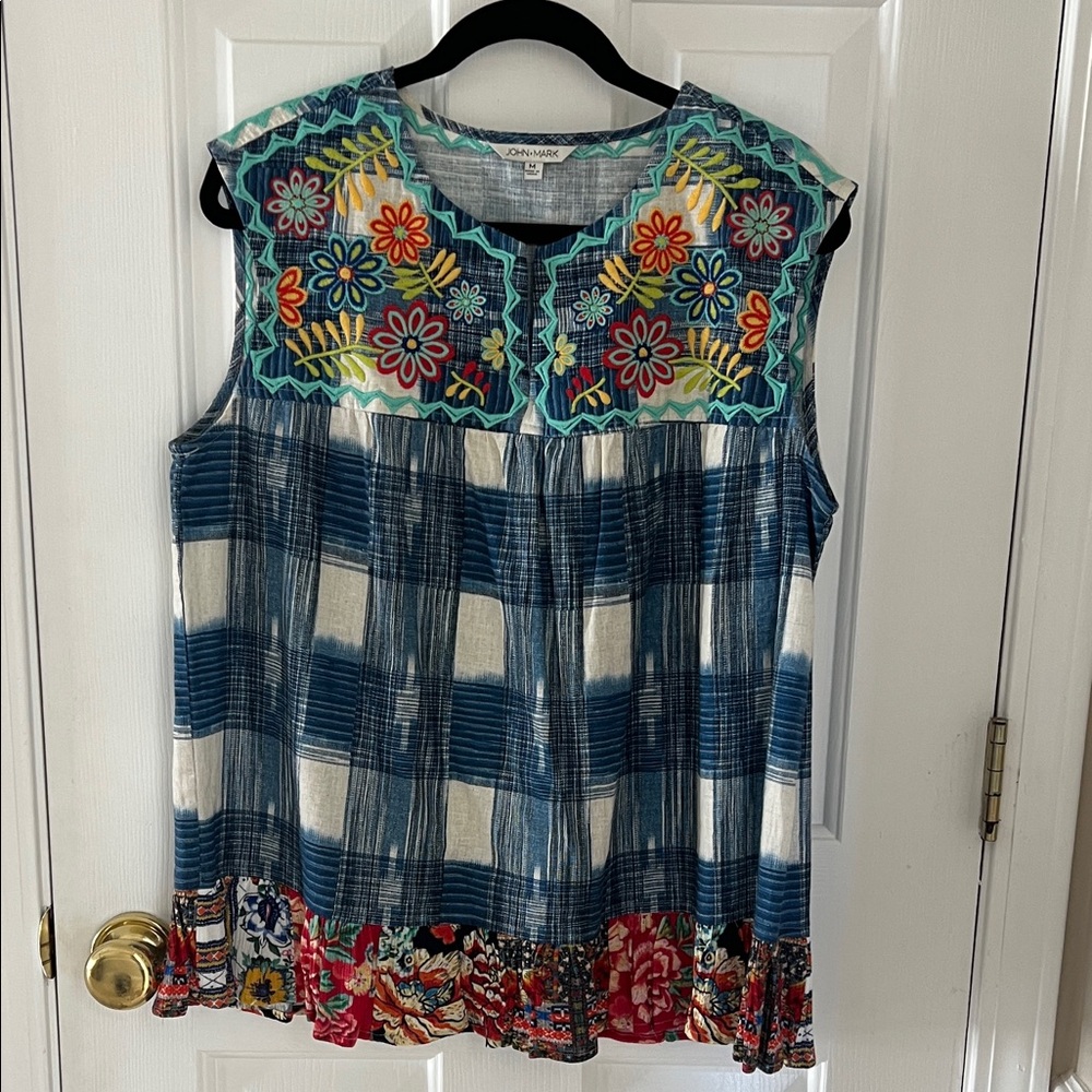 John Mark Blue and White Checkered Floral Blouse